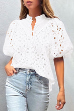 Load image into Gallery viewer, White Flower Embroidered Hollow-out Puff Sleeve Blouse