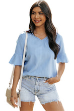 Load image into Gallery viewer, Beau Blue Ruffled Half Sleeve V Neck Textured Top