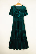 Load image into Gallery viewer, Prussian Blue Velvet Short Sleeve Shirred Waist Tiered Maxi Dress