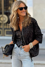 Load image into Gallery viewer, Black Sequin Zip up Round Neck Long Sleeve Jacket