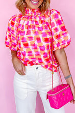 Load image into Gallery viewer, Green Abstract Print Button Back Ruffled High Neck Blouse