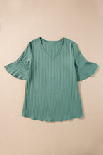 Load image into Gallery viewer, Beau Blue Ruffled Half Sleeve V Neck Textured Top