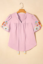 Load image into Gallery viewer, Mineral Red Floral Embroidered Puff Sleeve Split Neck Blouse