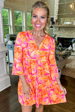 Load image into Gallery viewer, Orange Abstract Print Ruffled Sleeve V Neck Dress