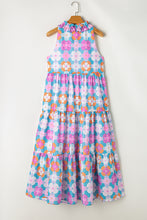 Load image into Gallery viewer, Blue Floral Print Frilly Neck Sleeveless Tiered Maxi Dress