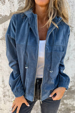 Load image into Gallery viewer, Real Teal Corduroy Drawstring Hooded Pocket Zip Up Jacket