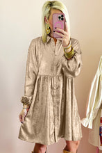 Load image into Gallery viewer, Apricot Metallic Sheen Puff Sleeve Button Up Mini Shirt Dress