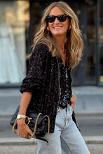Load image into Gallery viewer, Black Sequin Zip up Round Neck Long Sleeve Jacket