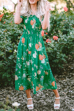 Load image into Gallery viewer, Green Floral Print Bubble Sleeve Smocked Tiered Midi Dress