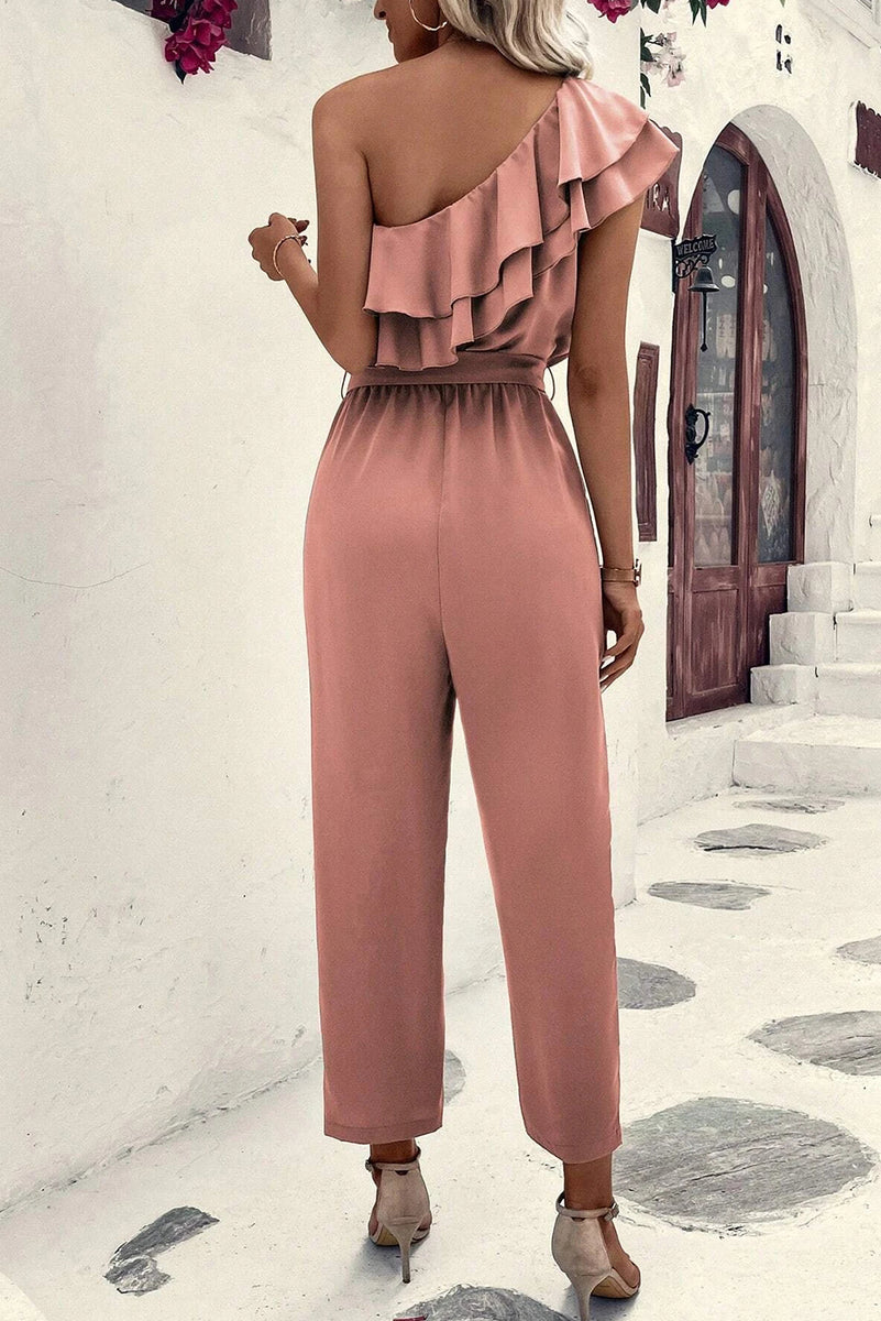 Dusty Pink One Shoulder Ruffle Trim Belted Jumpsuit – Word Up Jewel's ...