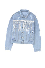 Load image into Gallery viewer, Sky Blue Sequin Embellished Fringe Distressed Denim Jacket