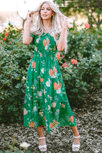 Load image into Gallery viewer, Green Floral Print Bubble Sleeve Smocked Tiered Midi Dress