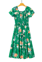 Load image into Gallery viewer, Green Floral Print Bubble Sleeve Smocked Tiered Midi Dress