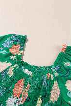Load image into Gallery viewer, Green Floral Print Bubble Sleeve Smocked Tiered Midi Dress