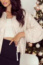 Load image into Gallery viewer, Black Sequin Zip up Round Neck Long Sleeve Jacket