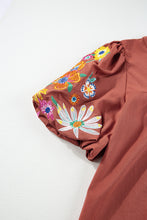 Load image into Gallery viewer, Mineral Red Floral Embroidered Puff Sleeve Split Neck Blouse