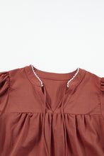 Load image into Gallery viewer, Mineral Red Floral Embroidered Puff Sleeve Split Neck Blouse