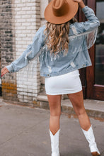 Load image into Gallery viewer, Sky Blue Sequin Embellished Fringe Distressed Denim Jacket