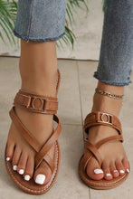 Load image into Gallery viewer, Chestnut Cross Toe Metal Buckle Leathered Flat Slippers
