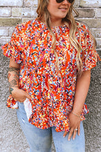 Load image into Gallery viewer, Orange Floral Printed Ruffle Sleeve Curvy Babydoll Blouse -PLUS