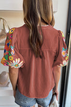 Load image into Gallery viewer, Mineral Red Floral Embroidered Puff Sleeve Split Neck Blouse
