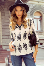 Load image into Gallery viewer, Beige Vintage Geometric Printed 3/4 Sleeve V Neck Blouse
