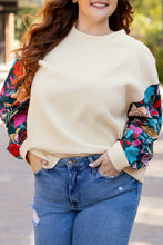 Load image into Gallery viewer, White Floral Patchwork Sleeve Textured Plus Size Pullover Top
