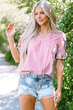 Load image into Gallery viewer, Mineral Red Floral Embroidered Puff Sleeve Split Neck Blouse