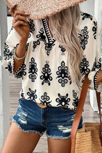 Load image into Gallery viewer, Beige Vintage Geometric Printed 3/4 Sleeve V Neck Blouse