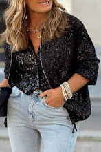 Load image into Gallery viewer, Black Sequin Zip up Round Neck Long Sleeve Jacket