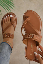 Load image into Gallery viewer, Chestnut Cross Toe Metal Buckle Leathered Flat Slippers