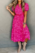 Load image into Gallery viewer, Rose Red Floral Print Pleated Drawstring Flowy Midi Dress