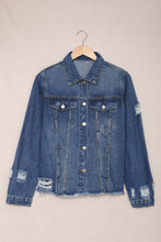 Load image into Gallery viewer, Blue Lapel Distressed Raw Hem Buttons Denim Jacket