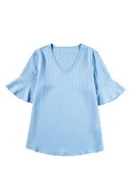 Load image into Gallery viewer, Beau Blue Ruffled Half Sleeve V Neck Textured Top