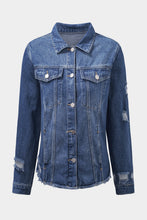 Load image into Gallery viewer, Blue Lapel Distressed Raw Hem Buttons Denim Jacket
