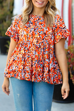 Load image into Gallery viewer, Orange Floral Printed Ruffle Sleeve Curvy Babydoll Blouse -PLUS