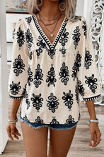 Load image into Gallery viewer, Beige Vintage Geometric Printed 3/4 Sleeve V Neck Blouse
