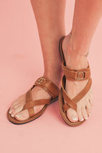 Load image into Gallery viewer, Chestnut Cross Toe Metal Buckle Leathered Flat Slippers