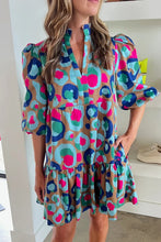 Load image into Gallery viewer, Green Leopard Print Bubble Sleeve Slit Neck Ruffled Dress