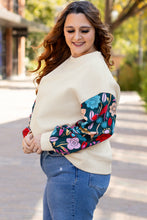 Load image into Gallery viewer, White Floral Patchwork Sleeve Textured Plus Size Pullover Top