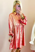 Load image into Gallery viewer, Apricot Metallic Sheen Puff Sleeve Button Up Mini Shirt Dress