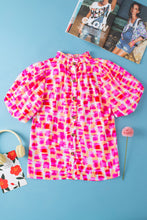 Load image into Gallery viewer, Green Abstract Print Button Back Ruffled High Neck Blouse