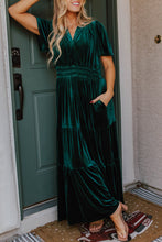 Load image into Gallery viewer, Prussian Blue Velvet Short Sleeve Shirred Waist Tiered Maxi Dress
