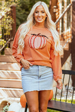 Load image into Gallery viewer, Orange Sequined Pumpkin Ribbed Round Neck Halloween Sweatshirt