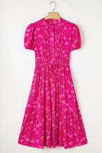 Load image into Gallery viewer, Rose Red Floral Print Pleated Drawstring Flowy Midi Dress