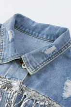 Load image into Gallery viewer, Sky Blue Sequin Embellished Fringe Distressed Denim Jacket