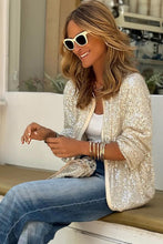 Load image into Gallery viewer, Black Sequin Zip up Round Neck Long Sleeve Jacket