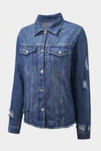 Load image into Gallery viewer, Blue Lapel Distressed Raw Hem Buttons Denim Jacket