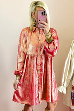 Load image into Gallery viewer, Apricot Metallic Sheen Puff Sleeve Button Up Mini Shirt Dress
