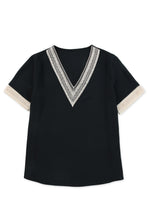 Load image into Gallery viewer, Black Lace Trim V Neck Short Sleeve Blouse